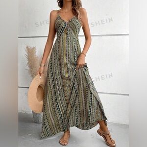 SHEIN Holidaya Women's Vintage Style Printed Crossed Strap Daily Wear Dress